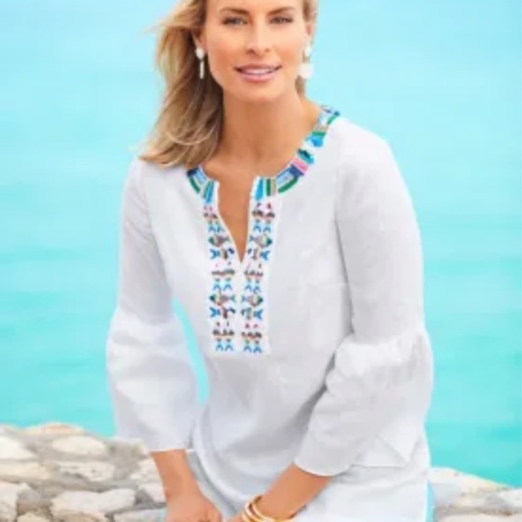 White bell sleeve top with sequin neckline detail - Picture 1 of 7